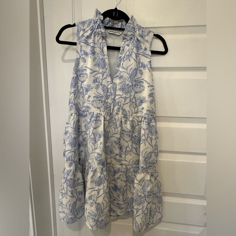 Amanda Uprichard White Dress with Blue Floral Design